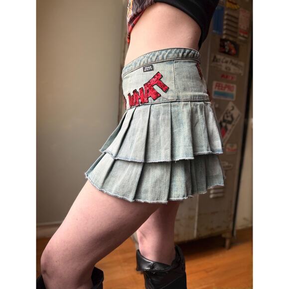 Vintage Y2K Miss Sixty Micro Mini Denim Skirt | Sequin Graphic | 28" - Picture 7 of 12